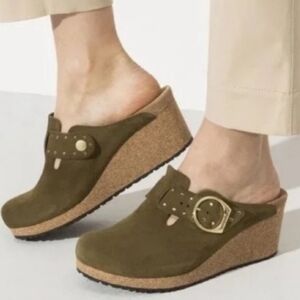 *SOLD* Birkenstock Papillio Olive Green Suede Slip-On Shoes Gold Buckles, Sz39